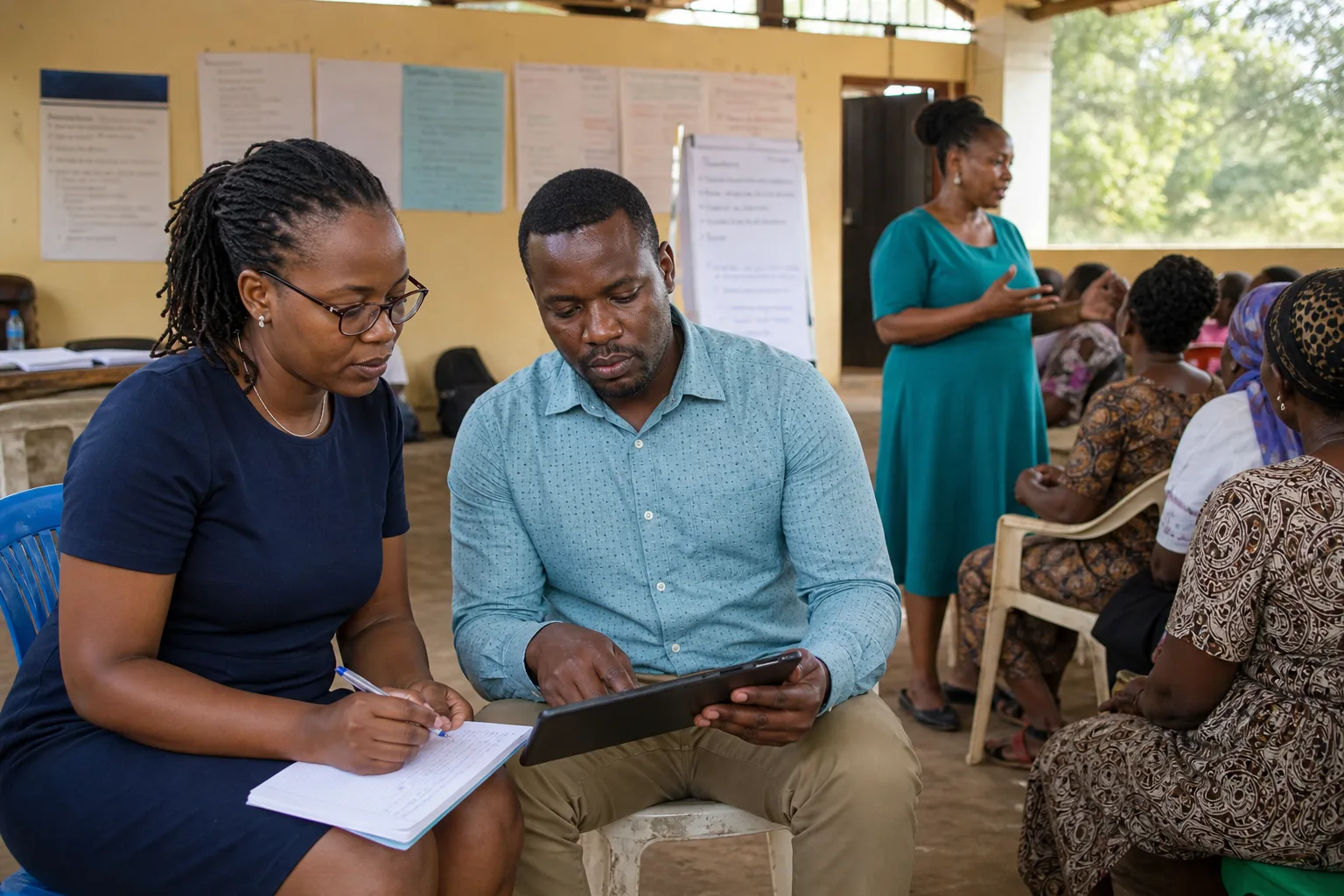 Evaluation professionals reviewing program learning during a community health activity