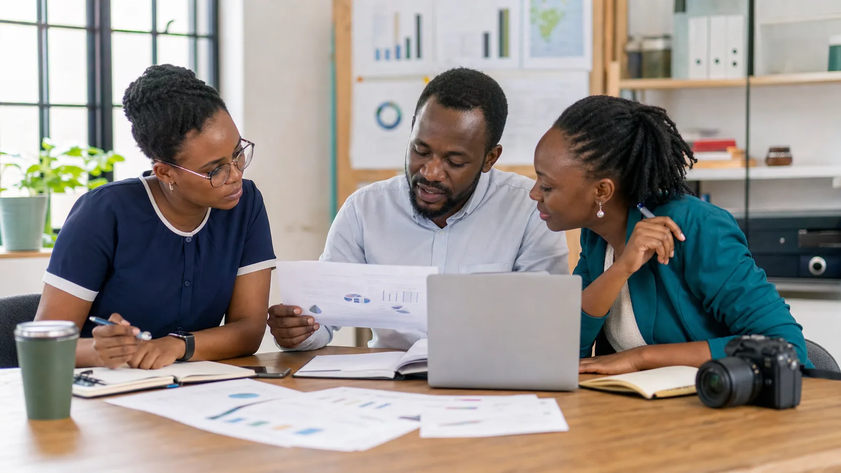 A public-health editorial team reviewing evidence and a project update together